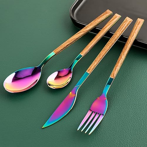 Miniatura 2 de Juego de cubiertos de acero inoxidable para 4, incluye cuchillos, tenedores, cucharas para 4, pulido espejo y apto para lavavajillas (arcoíris)