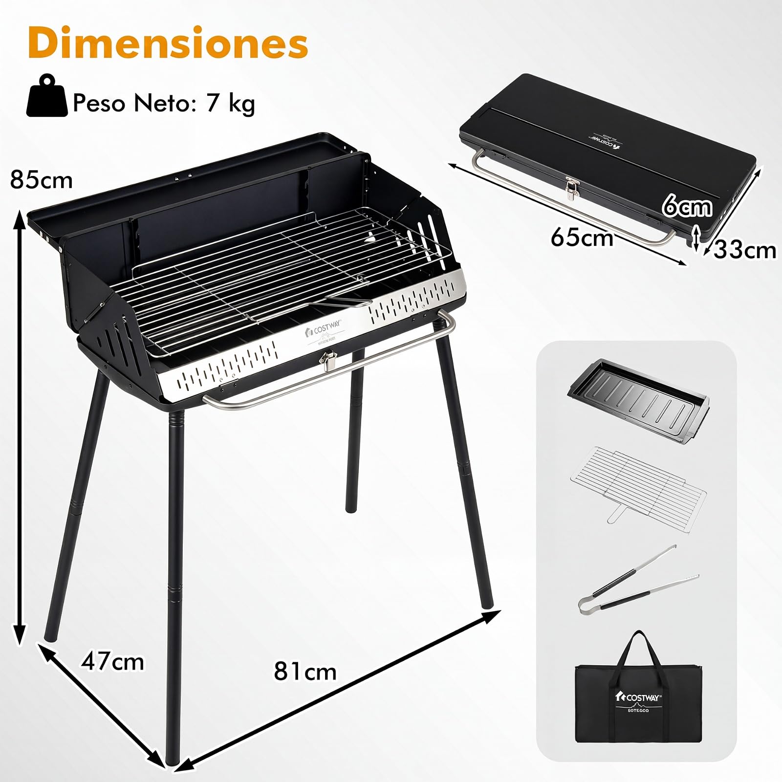 COSTWAY Barbacoa Carbón XL Plegable, Patas Desmontables, 81 x 47 x 85 cm | Rejilla Regulable en Altura de 2 Niveles, Bolsa de Transporte y Asa, Portátil para BBQ Jardín Picnic Playa Terraza