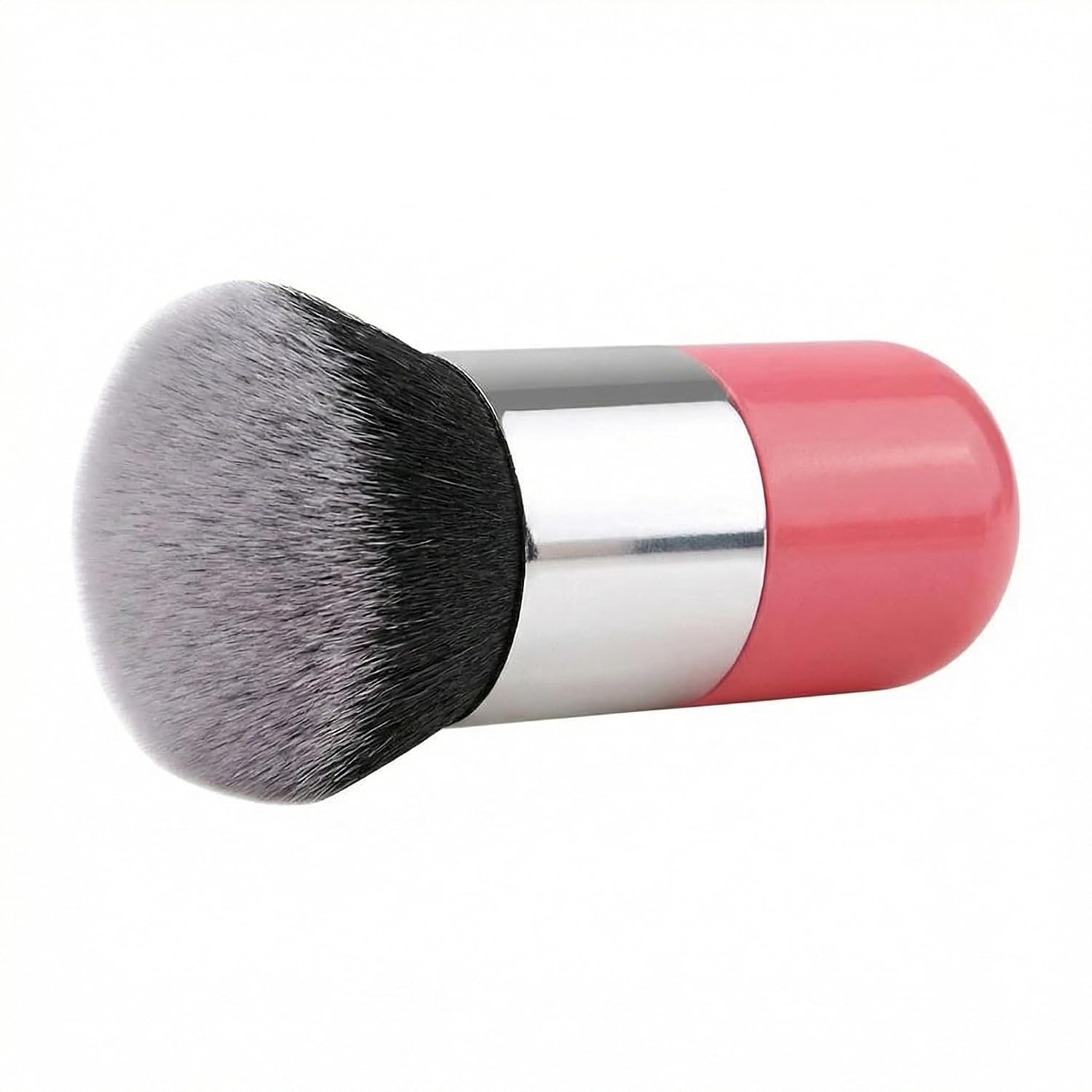Foundation brush with silver tube handle, pink dense kabuki head for liquid and cream base, short grip for control, easy-rinse face applicator, 1pc