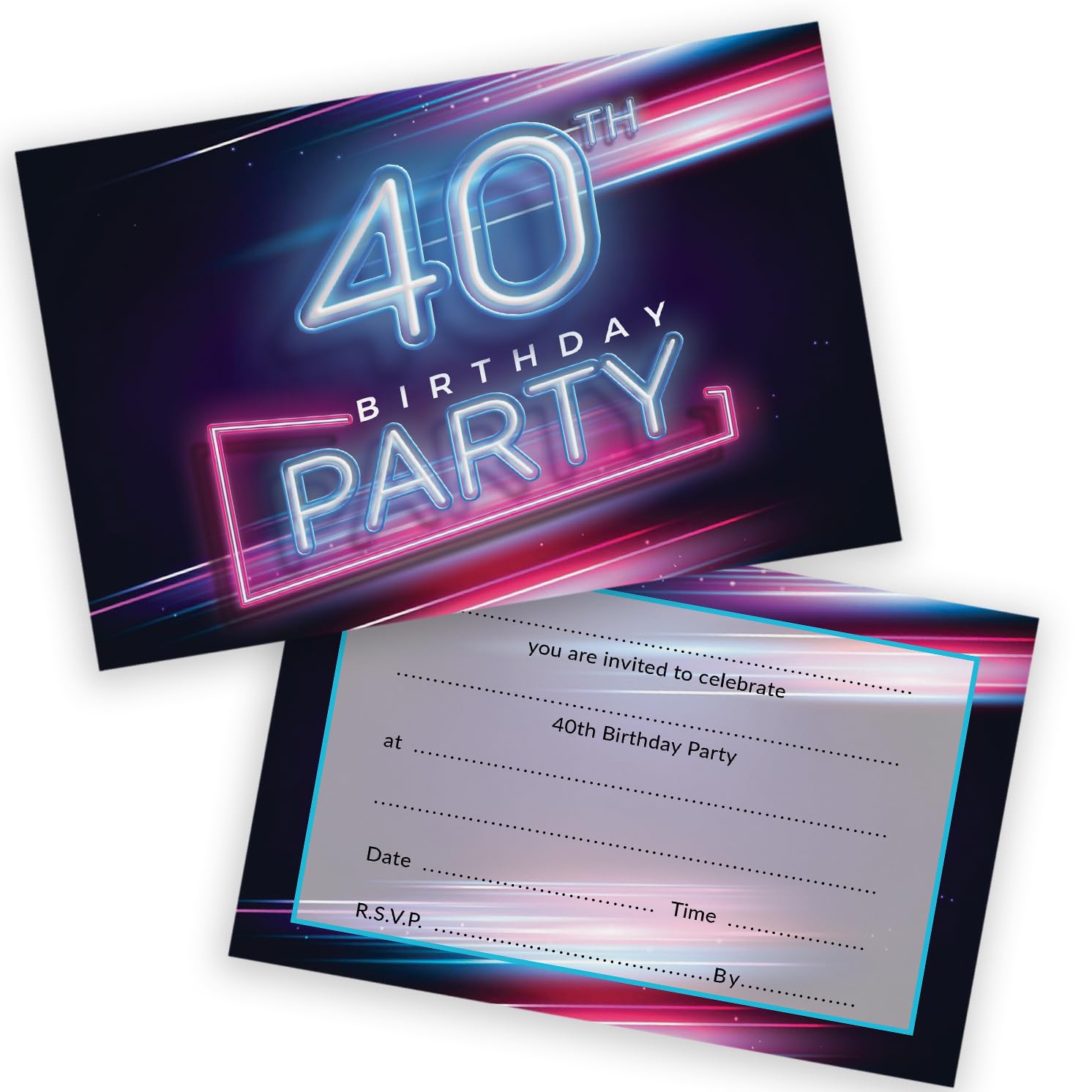 40th Birthday Party Invitations Men Women - Disco Neon Lights 36 Pack - Adults Birthday Invitations for Friends Family A6 Bday Party Invites Invitation Cards with Folding Envelopes