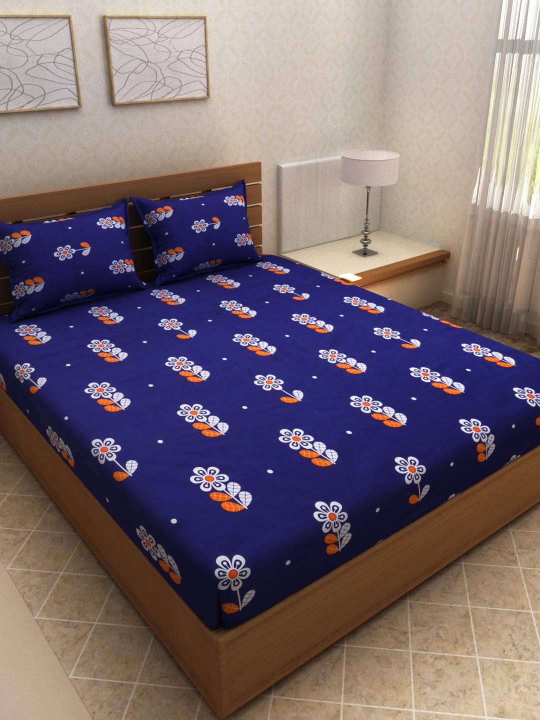 The Conversion Premium Glace Cotton Soft Finish Printed Floral Design Blue Color Double Bedsheet Set, 1 Bedsheet with 2 Pillow Cover