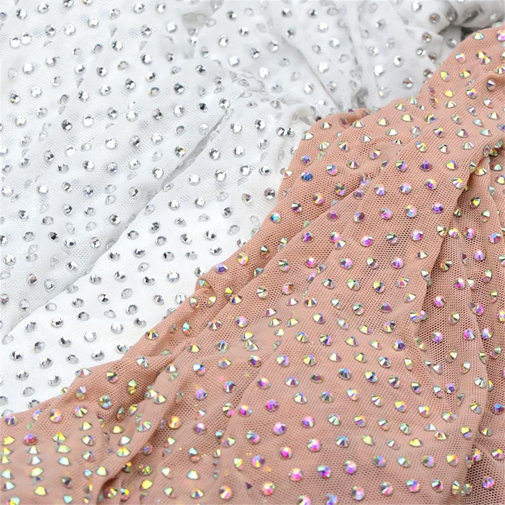 1X1.5M AB Mesh Rhinestone Fabric Sewing Crystal Ribbon Applique Glass Trim Stretch for Decorations Clear Stone