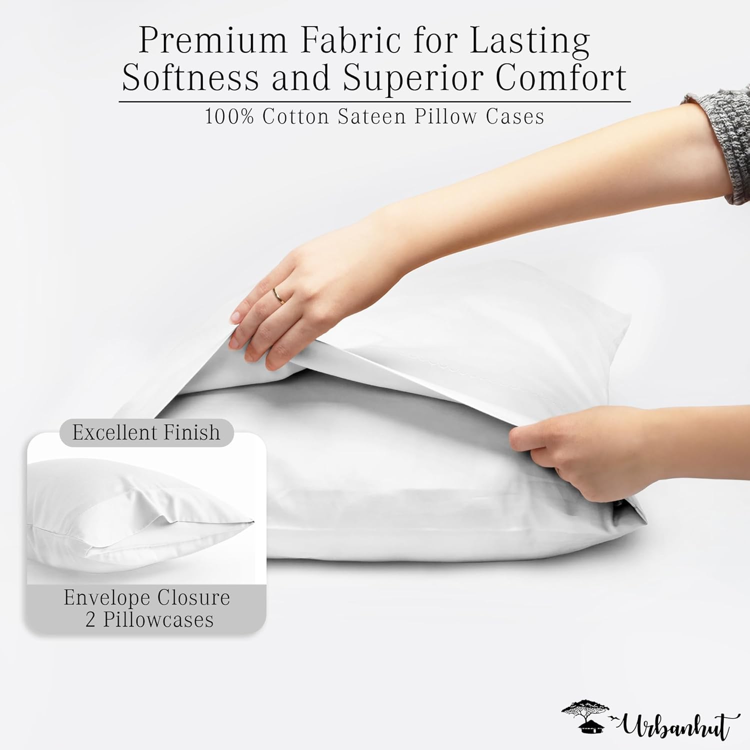 URBANHUT 100% Cotton Pillowcases, King Size, Ultra Soft Pillow Case, 20x36 Inches Set of 2, Hotel Quality Premium Cooling Pillow Cases - White - Image 5