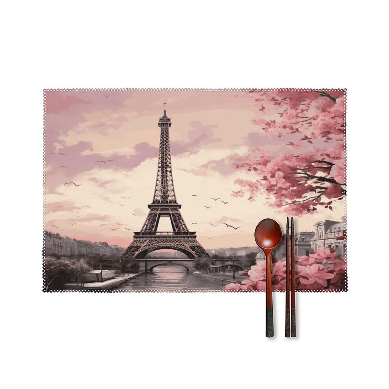 Romantic Paris Tower Placemats Set of 4 Heat Resistant Non-Slip Place Mats for Dining Table Washable Placemat Wipeable Dining Table Mat Canvas Place Mats Dining Table Decor