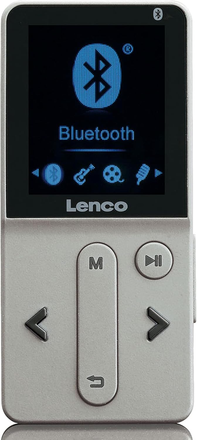 Devan view of the Lenco XEMIO-280SI MP4 player showing the screen with Bluetooth icon and navigation buttons.