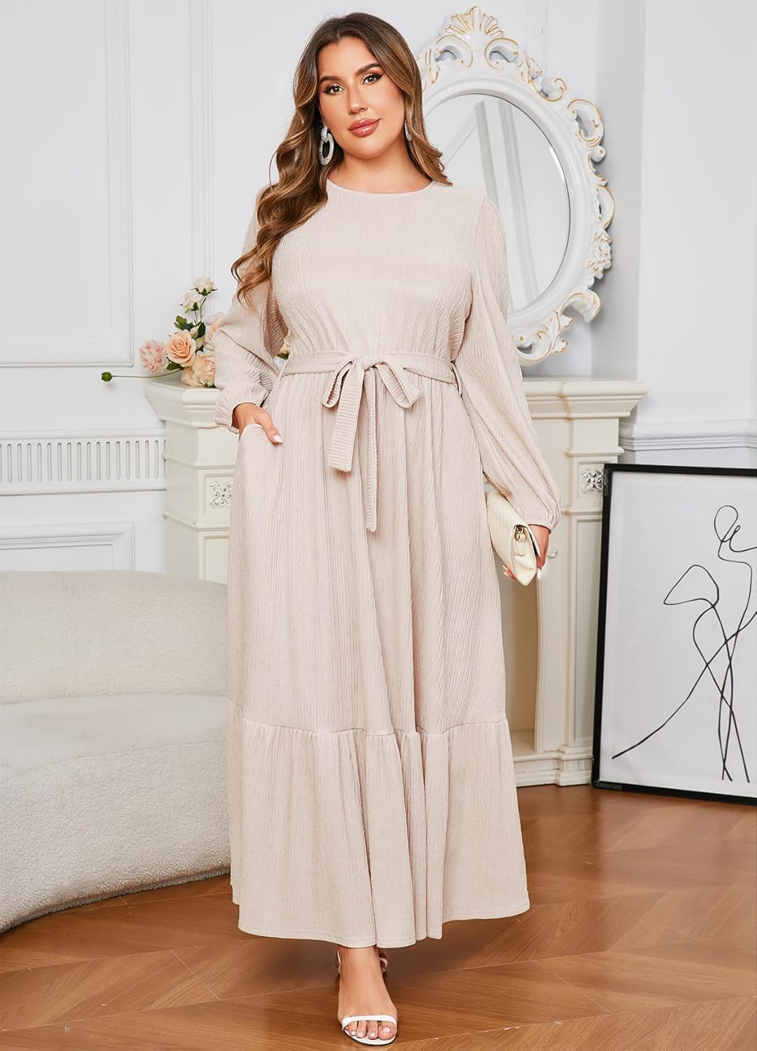 ZOMVA Plus Size Maxi Dress A Line Crew Neck Long Sleeve Elegant Casual Flowy Tiered Dresses with Pockets and Belt - Image 2