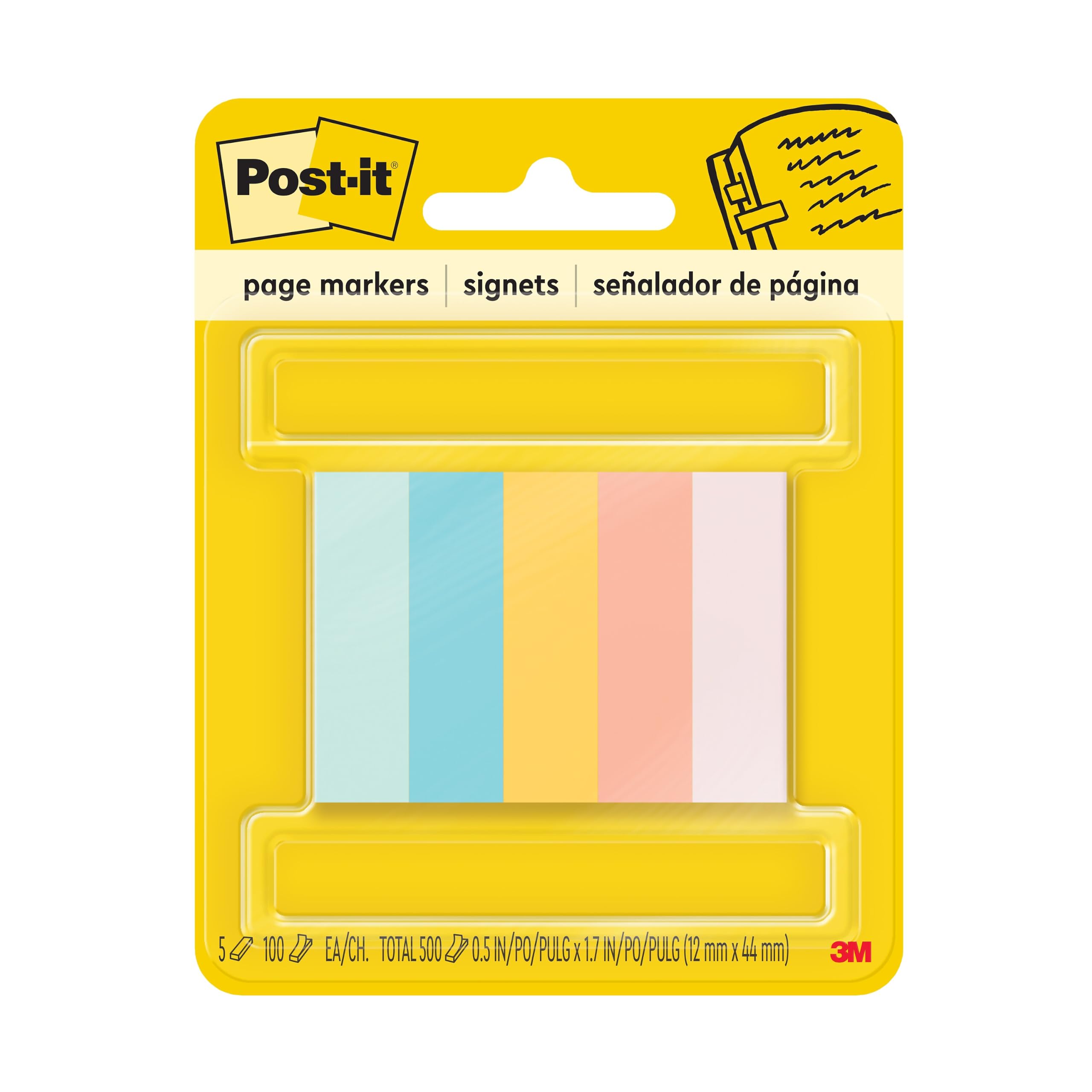 Post-it Seitenmarker, 1,27 x 3,5 cm, verschiedene helle Farben, 100 Blatt/Block, 5 Blöcke/Packung (670-5AF2)
