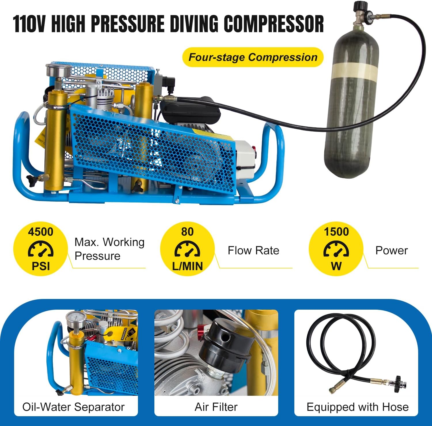 HPDMC Compact Electric Air Compressor 1.5KW / 2HP 110V/60HZ 2.8CFM 4500psi High Pressure Air Charging System for Scba PCP Paintball Tanks Filling
