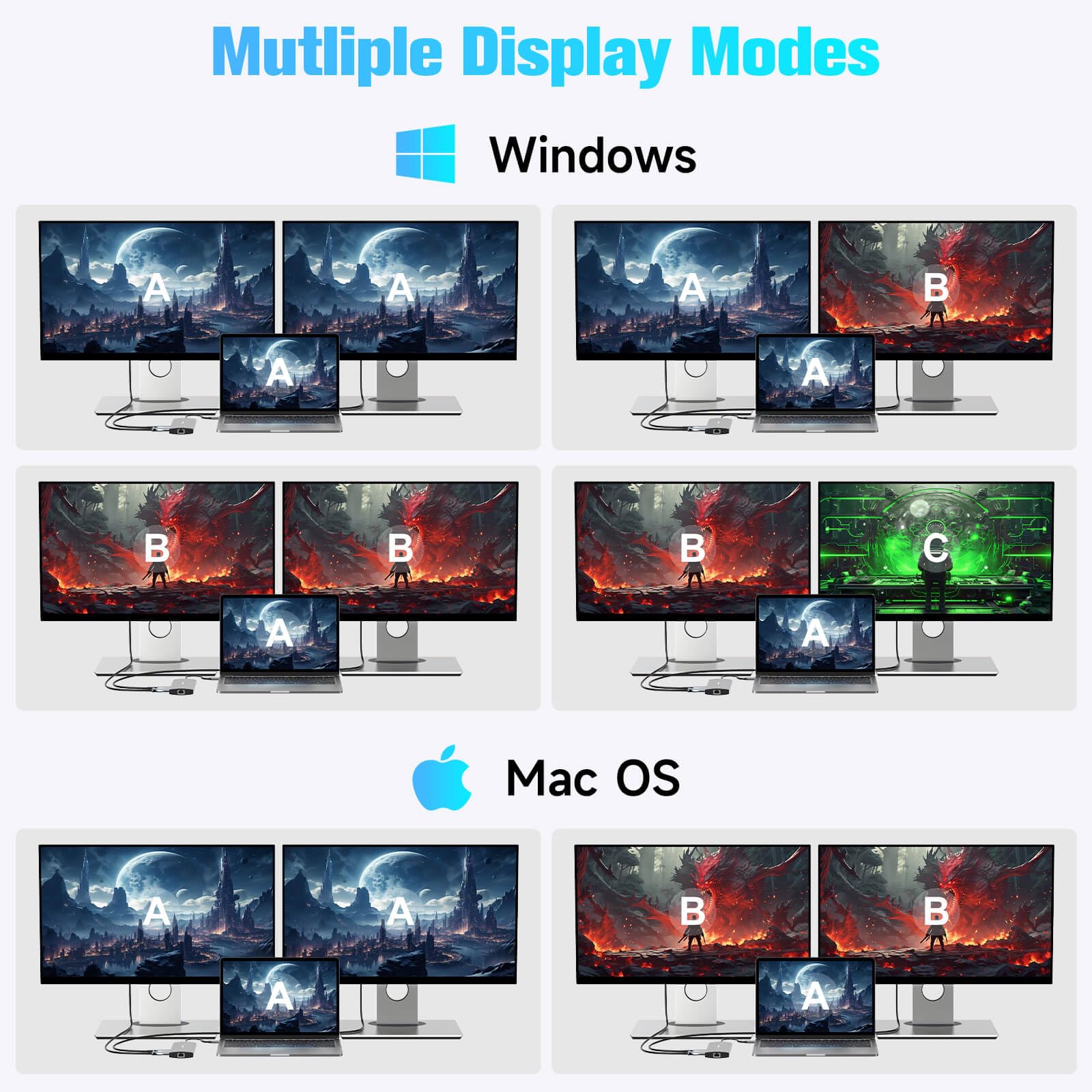 RSHTECH - Estación de acoplamiento USB C, doble monitor, adaptador multipuerto USB C 11 en 1 con 2 HDMI 4K/8K, 3 puertos USB 3.2 de 10 Gbps (2C + 1A), 2 puertos USB 3.0, 100 W PD, Gigabit Ethernet