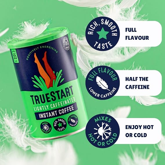 TrueStart Instant Coffee, Lightly Caffeinated, 100g, 2 Pack, 110 Cups | Barista Grade, Premium Freeze Dried - 50:50 Colombian & Brazilian Arabica - Mycotoxin-Free & Antioxidant Rich Half Caf Coffee