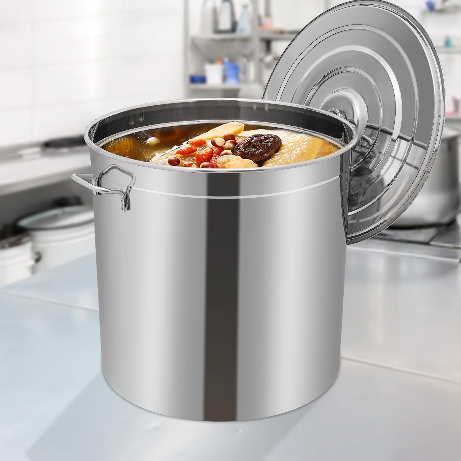 Pentola da 100 litri con coperchio e cestello, in acciaio inossidabile spesso con cestello, grande capacità, per feste familiari e commerciali