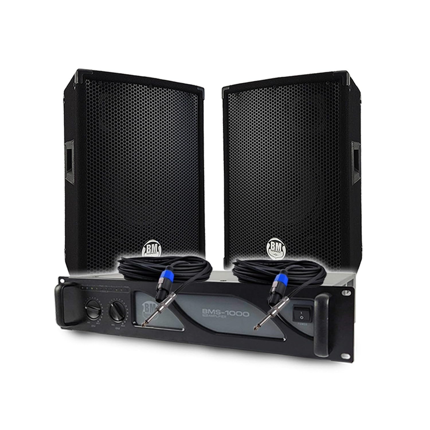 Pack Sono DJ BM Bmsonic Amplificateur BMS1000 1000W, Paire d'Enceintes Passives BMS08 2x300W, Câbles, Sonorisation Pro