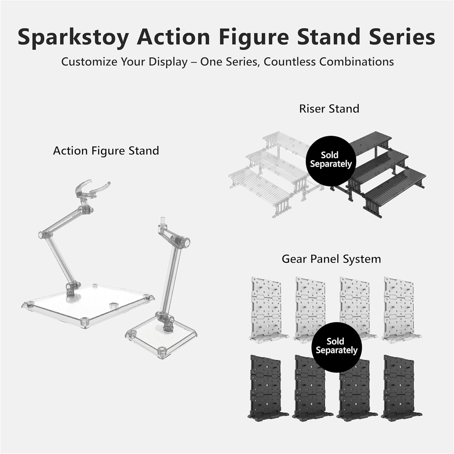 SPARKSTOY Dual Size Action Figure Stand | Universal 6–12 Inch Display Base with 340° Adjustable Arm & 3mm Joint | ABS Flight Stand 3-Set (6 Stands) for Anime Figures, SHF, Nendoroid & Dioramas (Transparent)