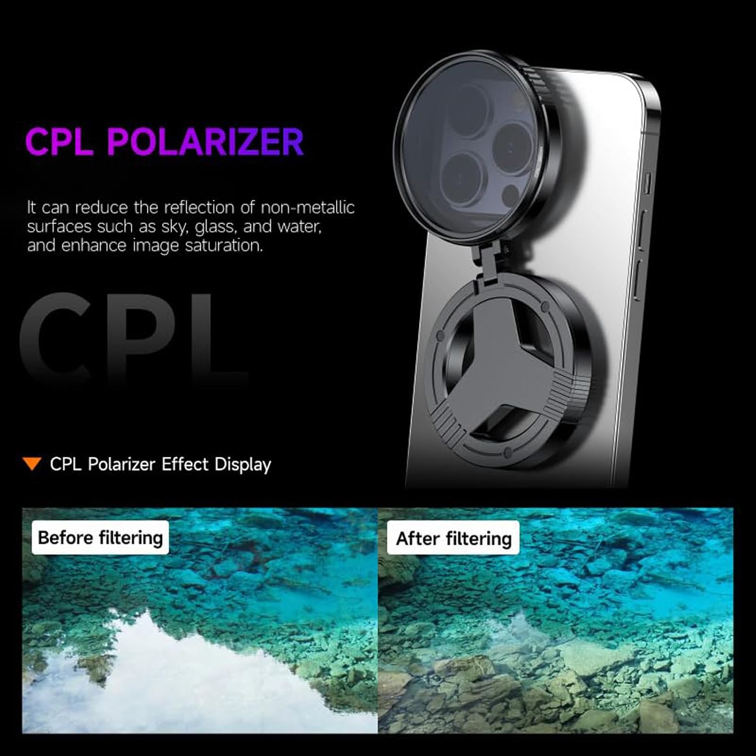 Magnetic CPL Filter for iPhone 12-17, 52mm, Anti-Glare Lens | 52mm Glass Optics, Quick Mount, 360° Rotatable Ring, Reduces Reflections Enhances Colors, Ideal for Outdoor Photography