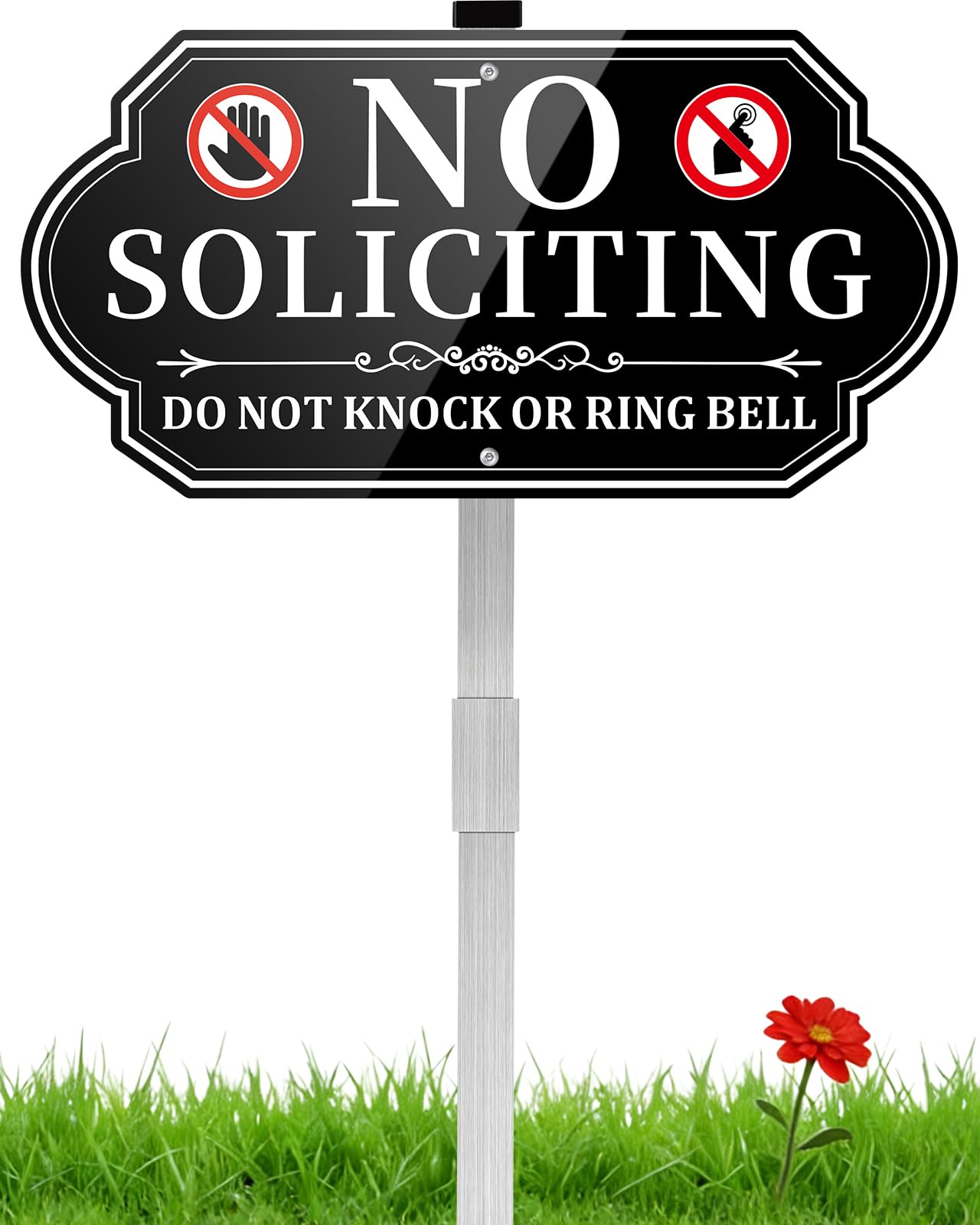 Photo 1 of [DAMAGED/BENT] No Soliciting Sign for House, No Soliciting Yard Sign for Front Door Home, Aluminum Metal No Solicitation Sign 14 x 7 inches, with 28 inches Stake, Do Not Knock or Ring Bell