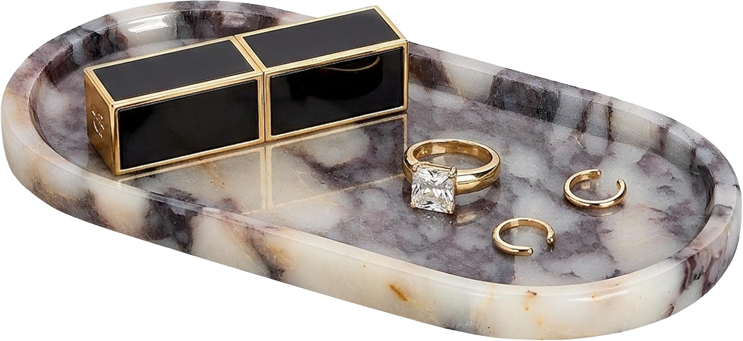 Natural Marble Decorative Tray, 9.8"x4.9" - Countertop Organizer, Catchall Tray for Perfume, Candles, Jewelry