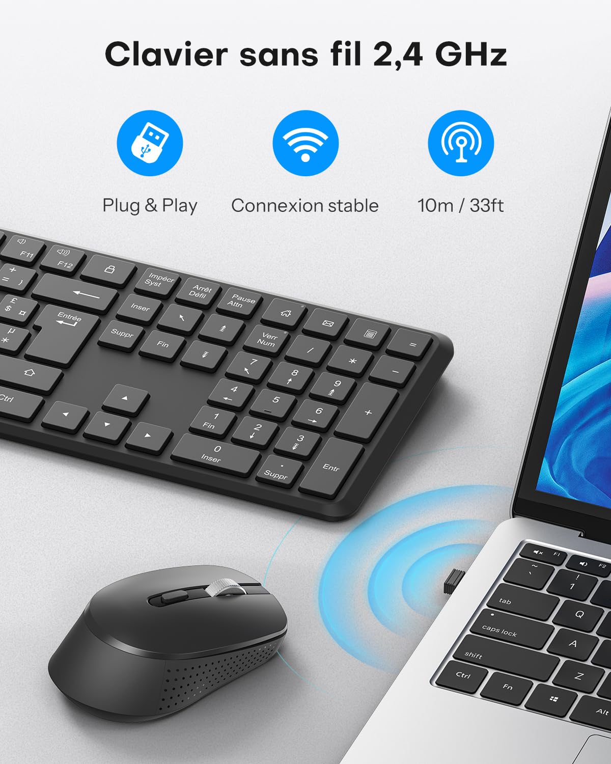 OMOTON Ensemble Clavier et Souris sans Fil AZERTY 2.4GHz pour Windows