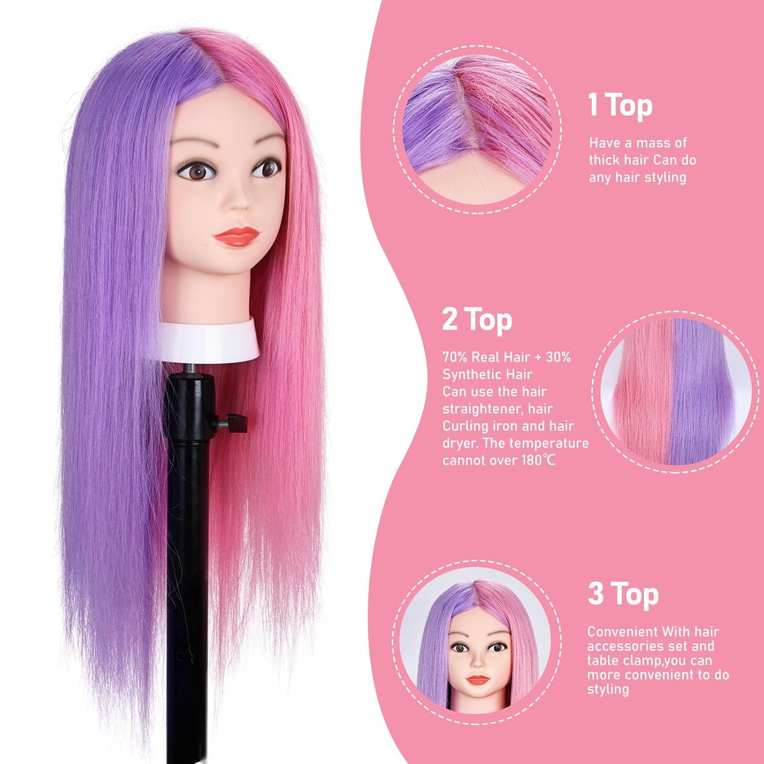 Testa Studio Manichini, TopDirect 66cm/26" Capelli Colorati Parrucchiere Cosmetologia Formazione Manichino Pratica Modello con Morsetto & DIY Accessori per Capelli