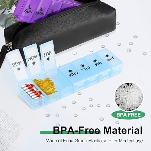 Miniatura 7 de Pastillero desmontable de 7 días, caja de almacenamiento de PP de 14 compartimentos, caja de medicina de viaje sin BPA con bolsa impermeable,