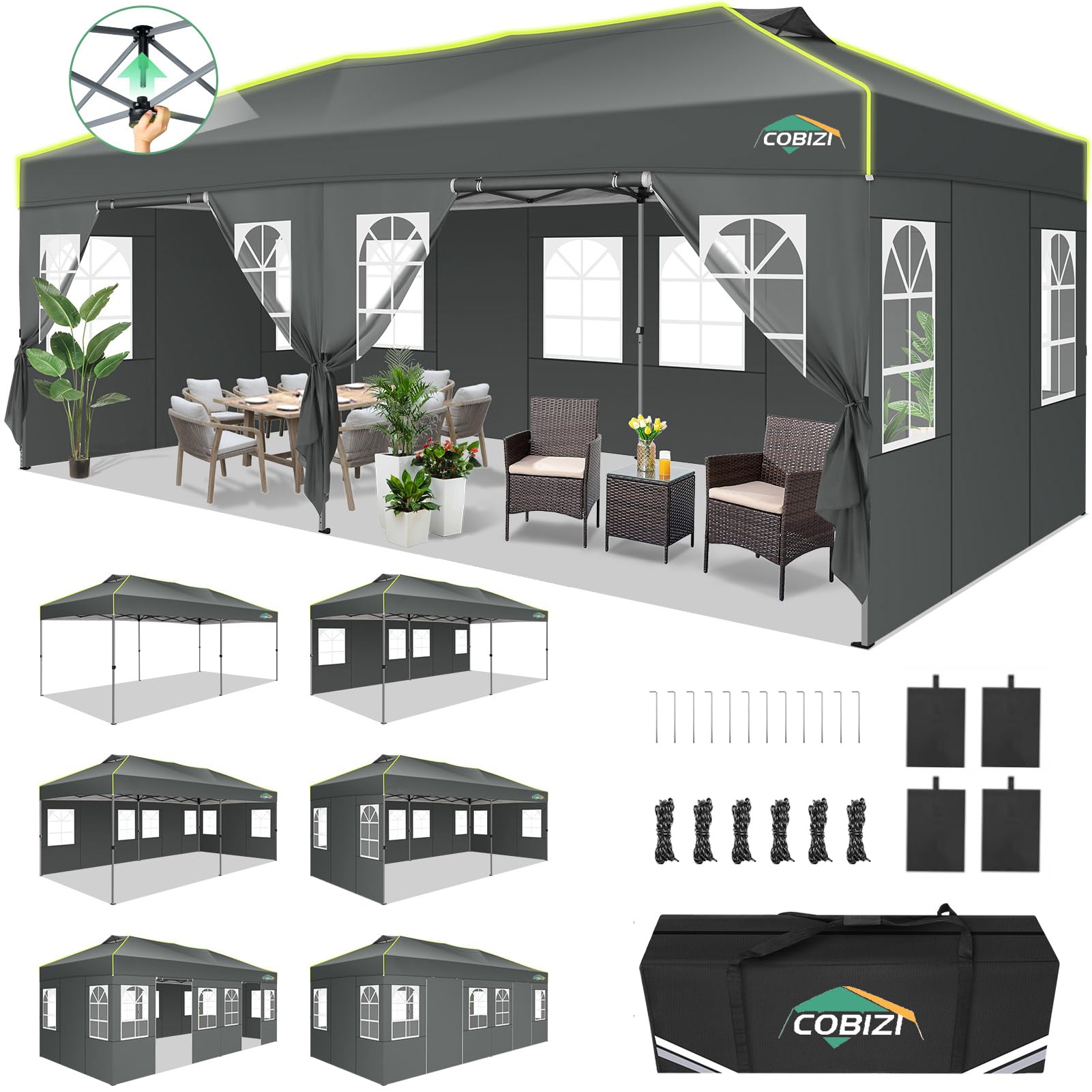 COBIZI 10x20 Pop Up Canopy Tent with 6 Removable Sidewalls, One Push Party Tent Outdoor Waterproof Event Canopy with Air Vent for Parties Commercial Wedding, 3 Height, Carry Bag, Sandbag, Gray ( Stand ONLY)