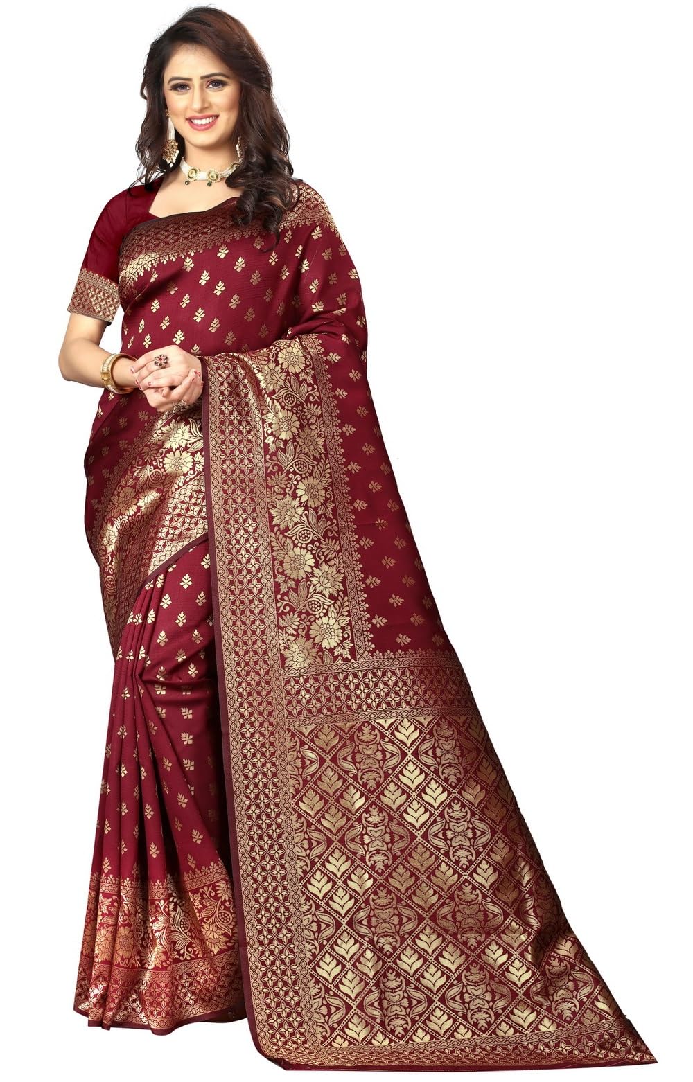 C J EnterpriseWomen's Banarasi Saree Pure Kanjivaram Silk Saree Soft Design Wear Pattu Sarees Party Latest Cotton With Blouse Piece Kanchipuram for Wedding sadi new Sari 2024 2023 (Pari73 Maroon)