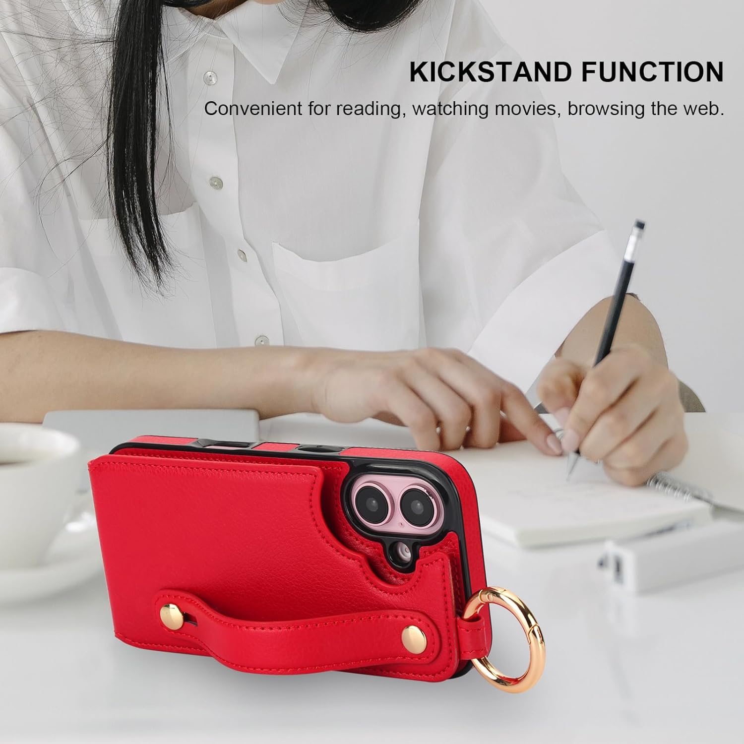 Folosu for iPhone 16 Wallet Case with Card Holder, Hand Wrist Strap Loop Holder Kickstand, RFID Blocking Finger Grip Ring PU Leather Double Buttons Shockproof Cover 6.1 Inch Red
