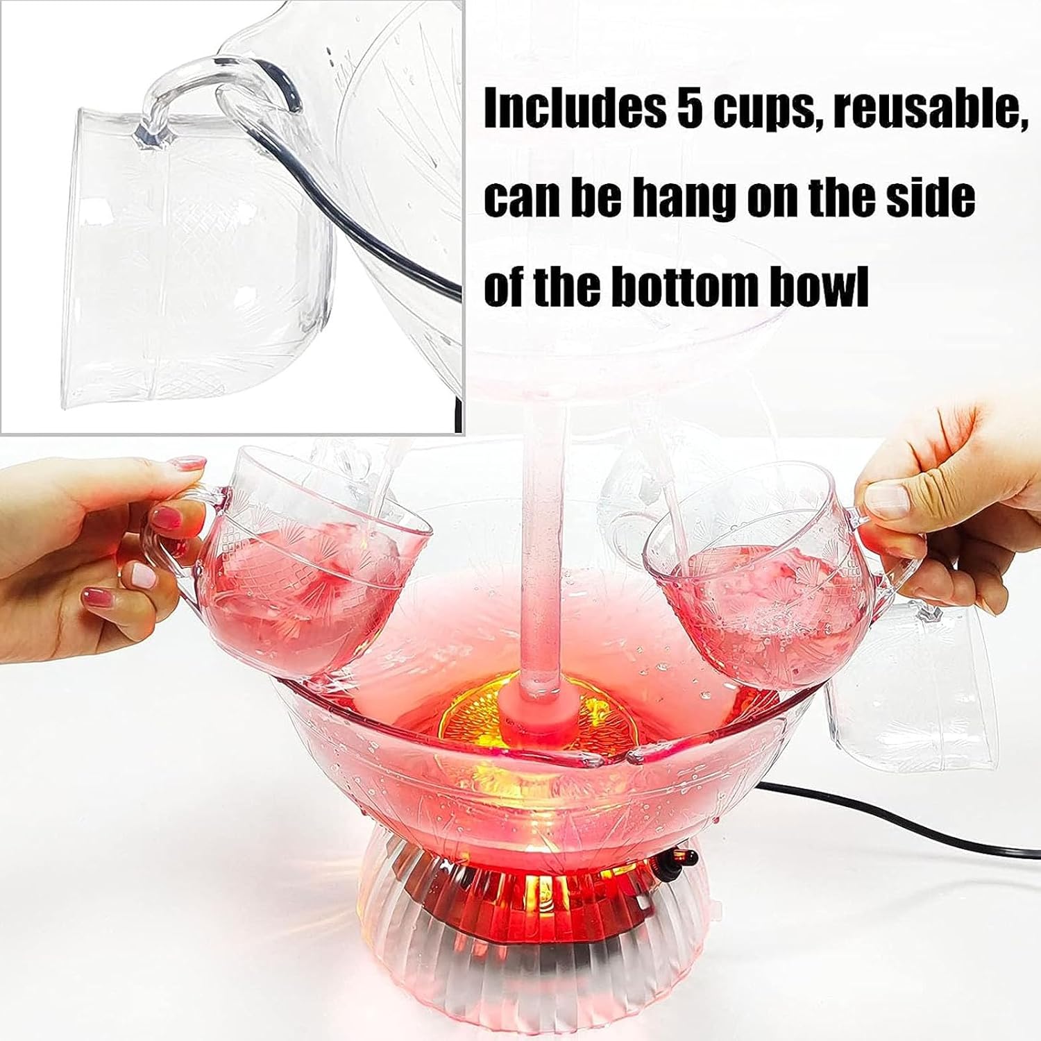 Party Beverage Fountain, 3-Tier Party Beverage/Champagne Fountain Equipment with LED Lighted Base and 5 Cups, 2L Large Capacity, Suitable for Bars, Coffee Shops, Birthday Parties