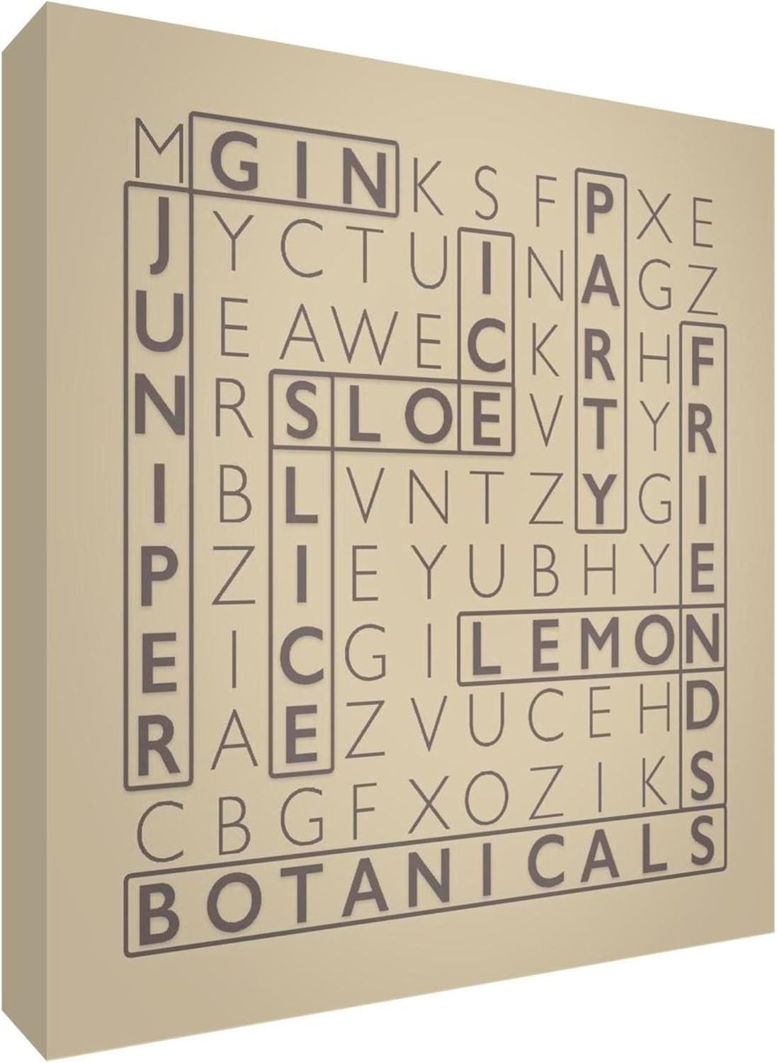 Premium Box Canvas with Solid Front Panel in Word Search Design for The Gin Lover - 25 x 25 x 3cm (Small), Soft Grey