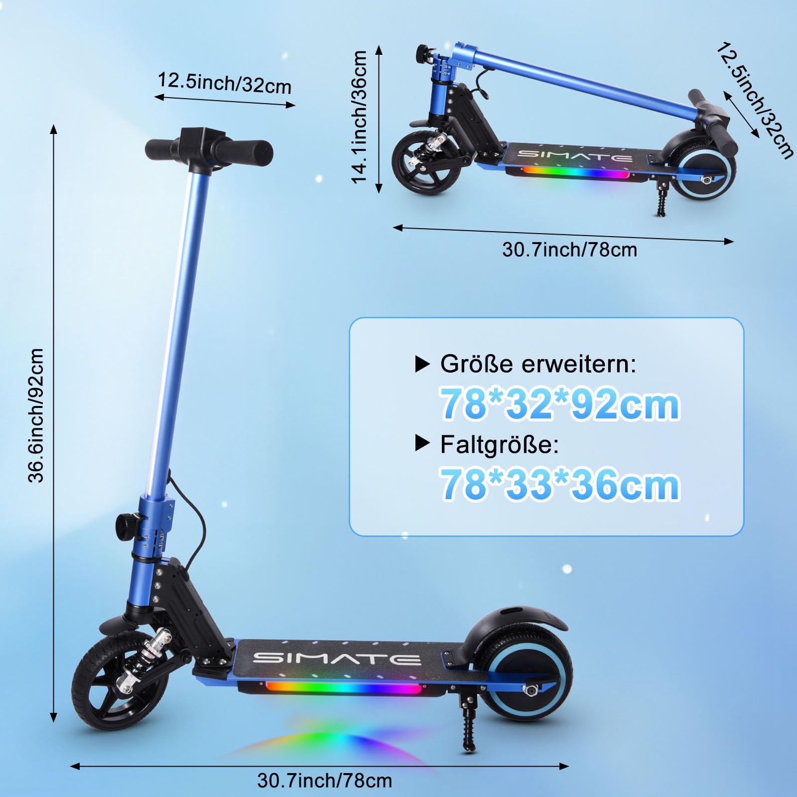 Monopattino elettrico per bambini, età 6-12, 130 W, velocità massima 14 km/h, portata 8 km, luci LED colorate, pieghevole, scooter elettrico per ragazzi e ragazze, regalo per bambini e