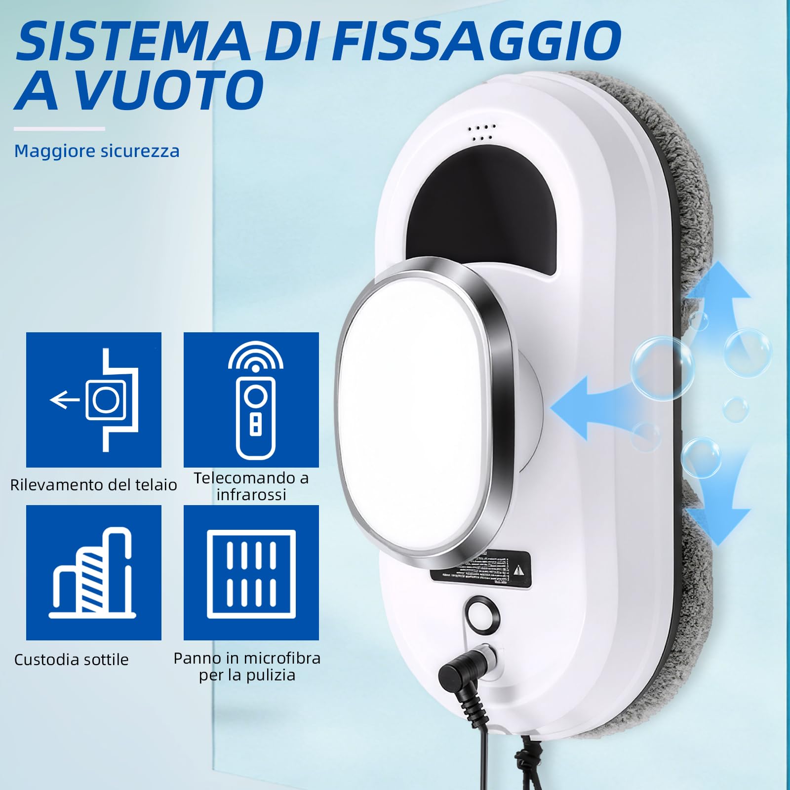 Robot per pulizia finestre con aspirazione 5600 Pa, 3 modalità di pulizia, navigazione intelligente, telecomando, sistema di sicurezza e 10 tamponi di pulizia, adatto per superfici lisce.
