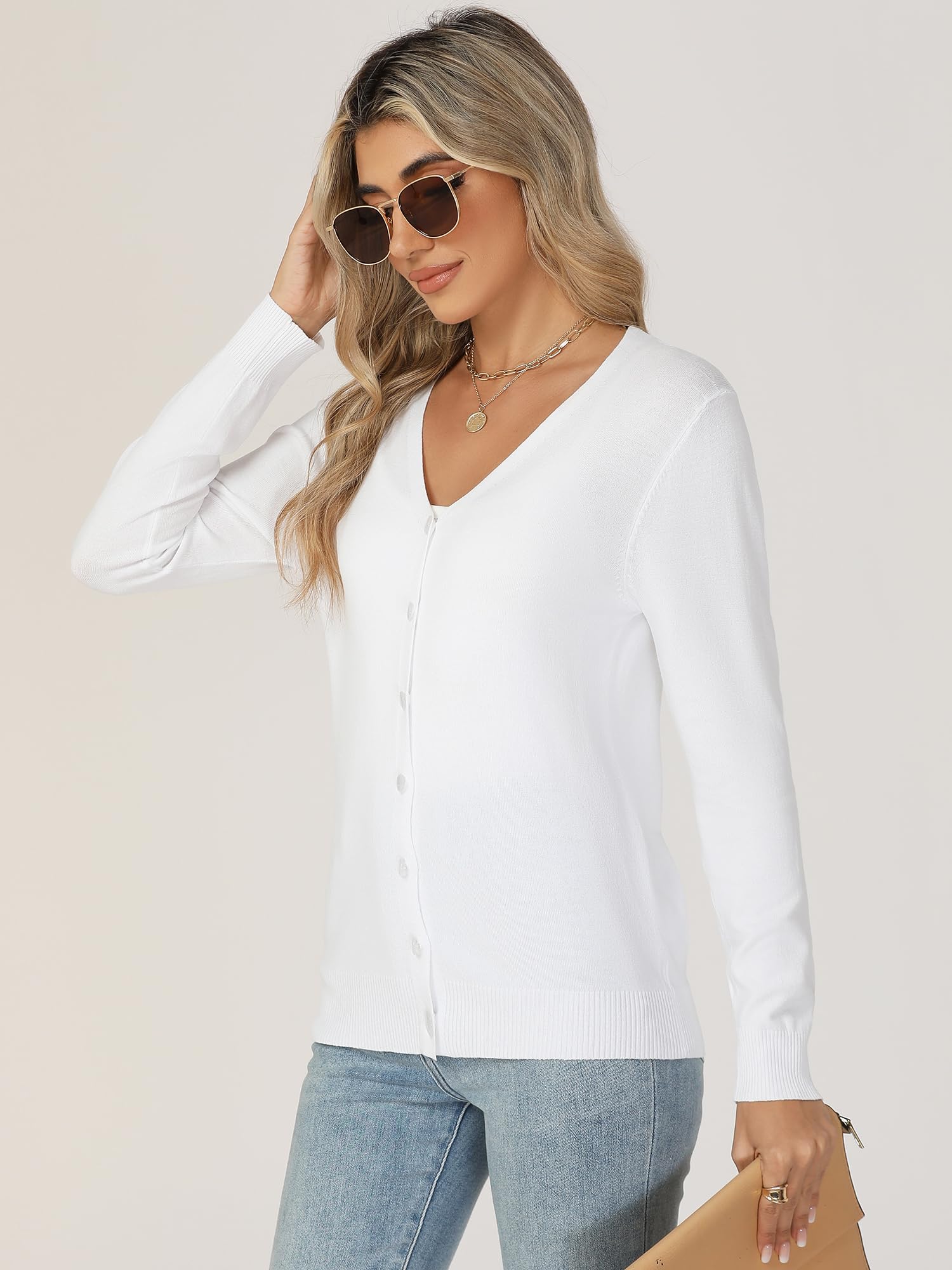 Gilet Femme Cardigan avec Bouton Col en V Été Printemps Manches Longues Veste Tricot Léger Casual Gilets