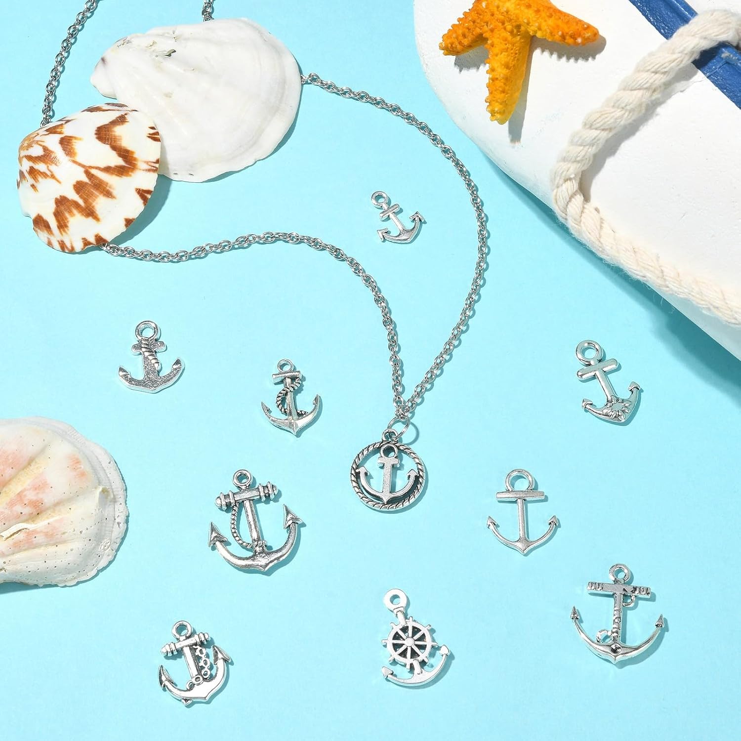 LiQunSweet 100 Pcs 10 Styles Vintage Nautical Anchor Theme Alloy Metal Charms Collection Bulk for Necklace Bracelet Jewelry Making and Crafting - 13.8x10.5mm image 4