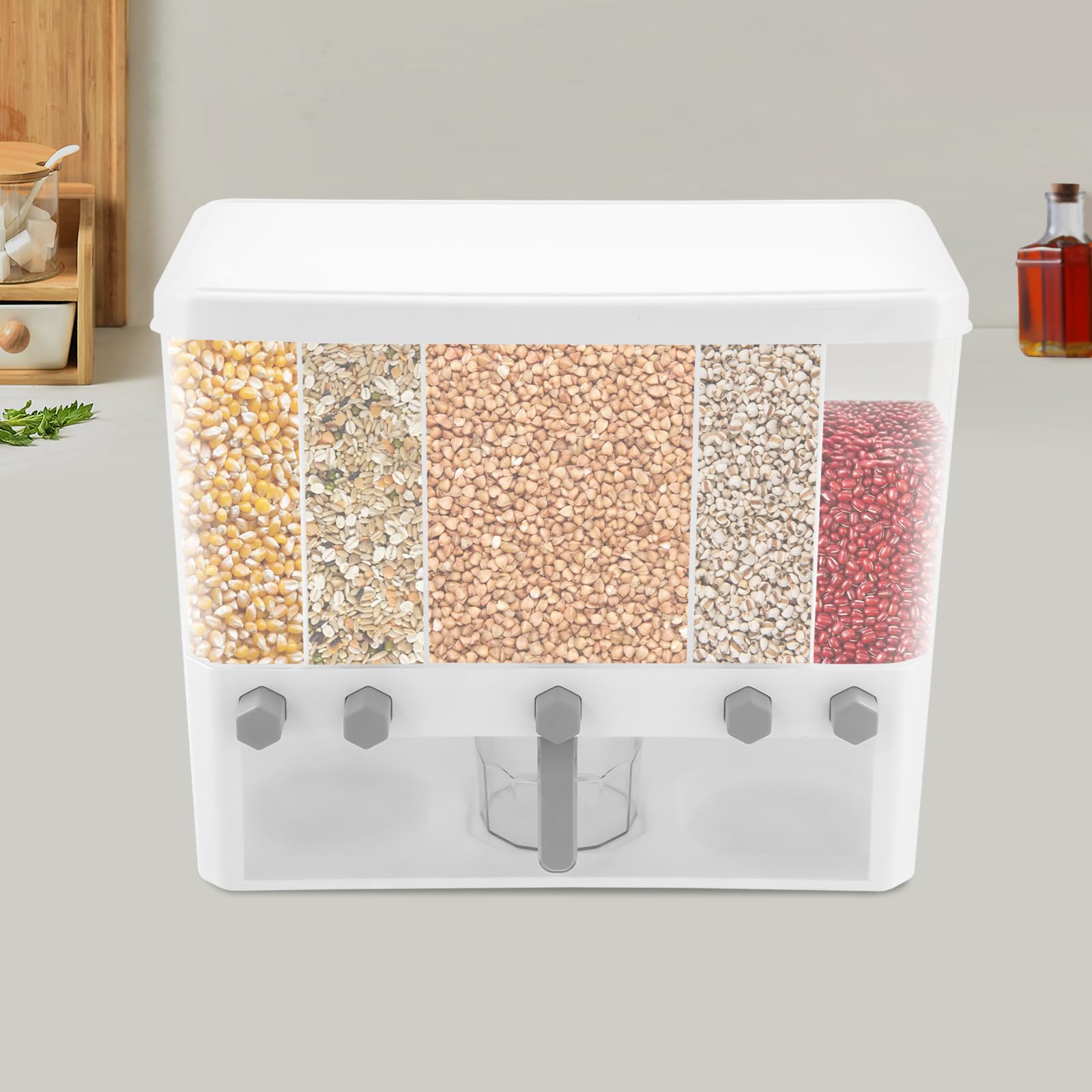Contenitore per riso con 5 scomparti, 42 x 19,5 x 35,2 cm, impilabile, dispenser per cereali, 15 kg, con misurino, contenitore per riso, pasta, avena, fagioli e cereali, trasparente