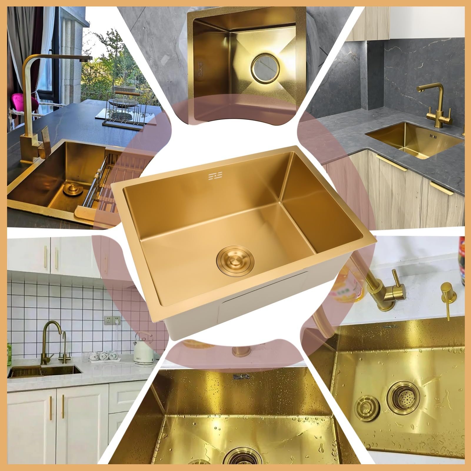 Lavelli Da Cucina, Lavello Singolo Golden Bar, Lavello Quadrato In Acciaio Inox Dorato Per Cucina/lavelli Da Bagno, Lavello Nano/Prep Con Kit Di Scarico, Facile Da Pulire, Da Incasso Sottotop