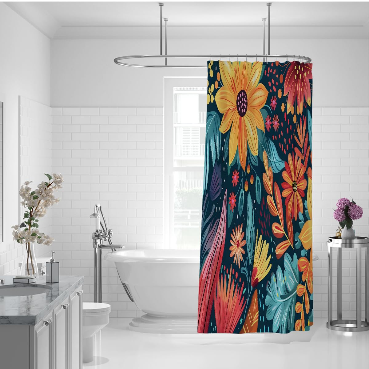 Rideau Douche Jardin ete Vintage tournesols Feuilles 200 x 220 cm | Rideau de bain fleurs rustiques, polyester impermeable, deco salle de bain avec crochets plastique