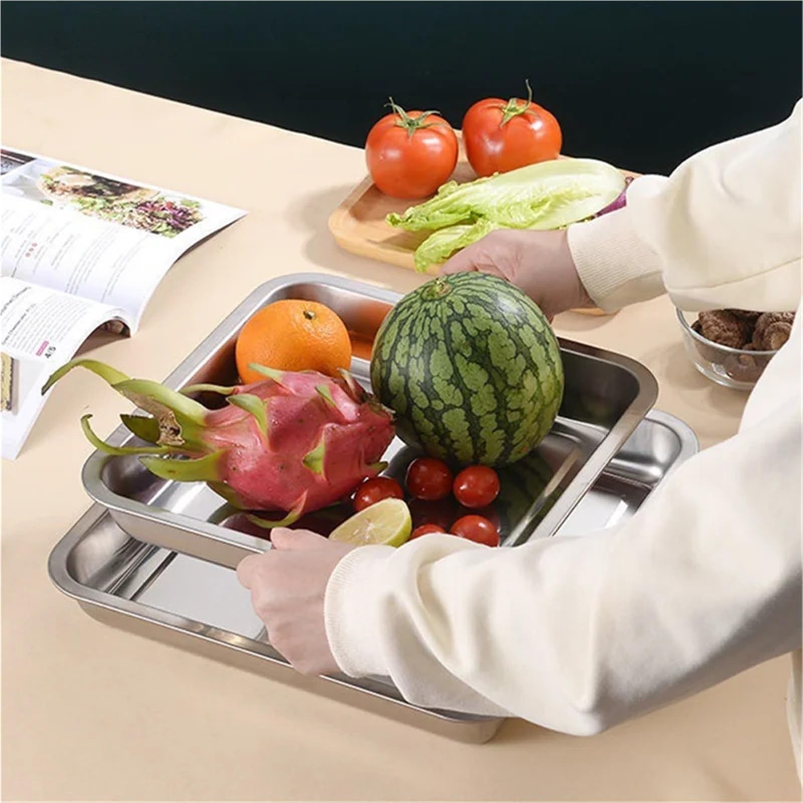 Vassoio da portata quadrato in acciaio inox cucina, 5 pezzi, for piatti for torte e alimenti per Cucina(25x25x2cm)