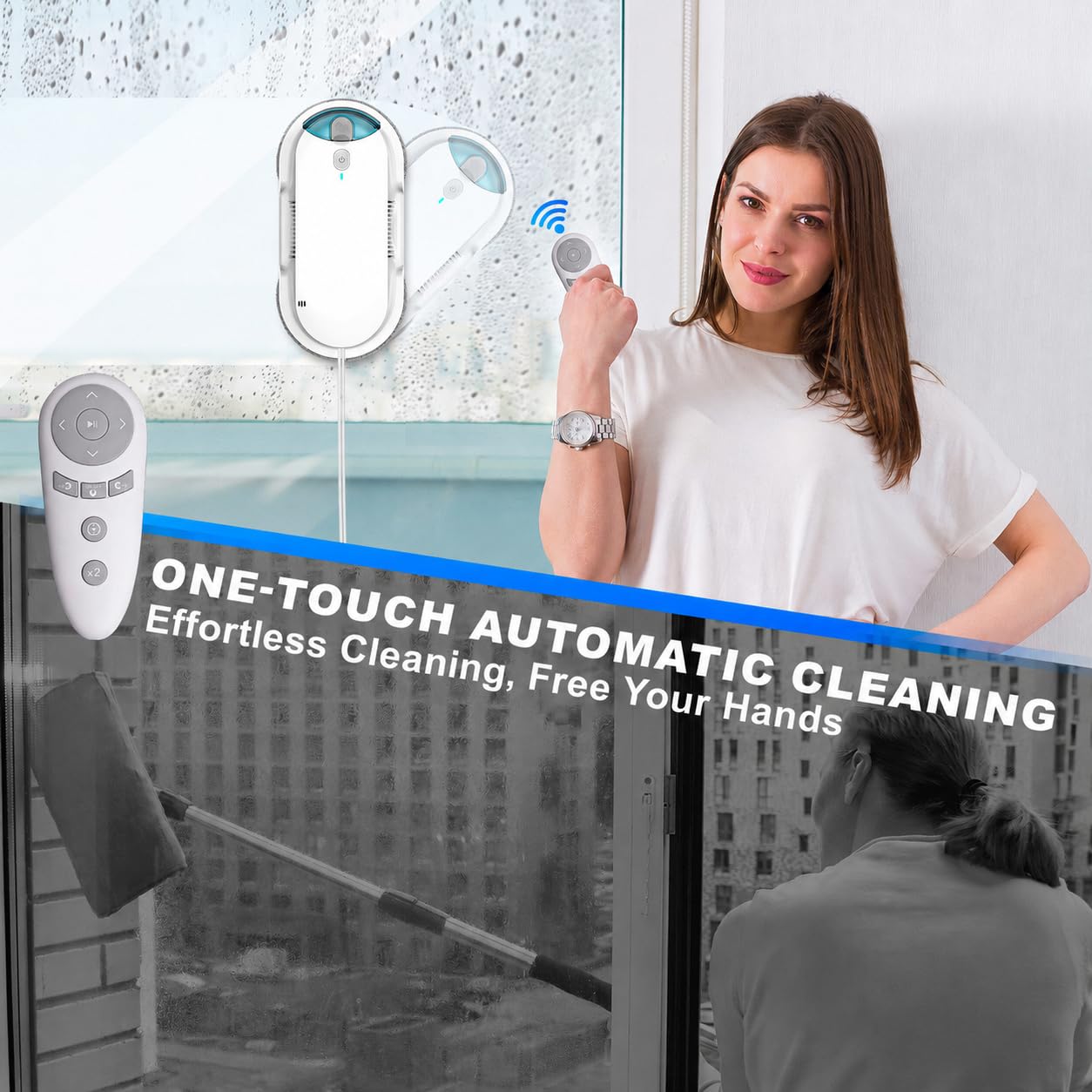 Robot Lavavetri Automatico con Spray Ultrasonico, Serbatoio da 95 ml, Aspirazione Potente, Rilevamento Bordi, Telecomando, Cavo di Sicurezza, per Finestre, Vetri, Specchi e Box Doccia