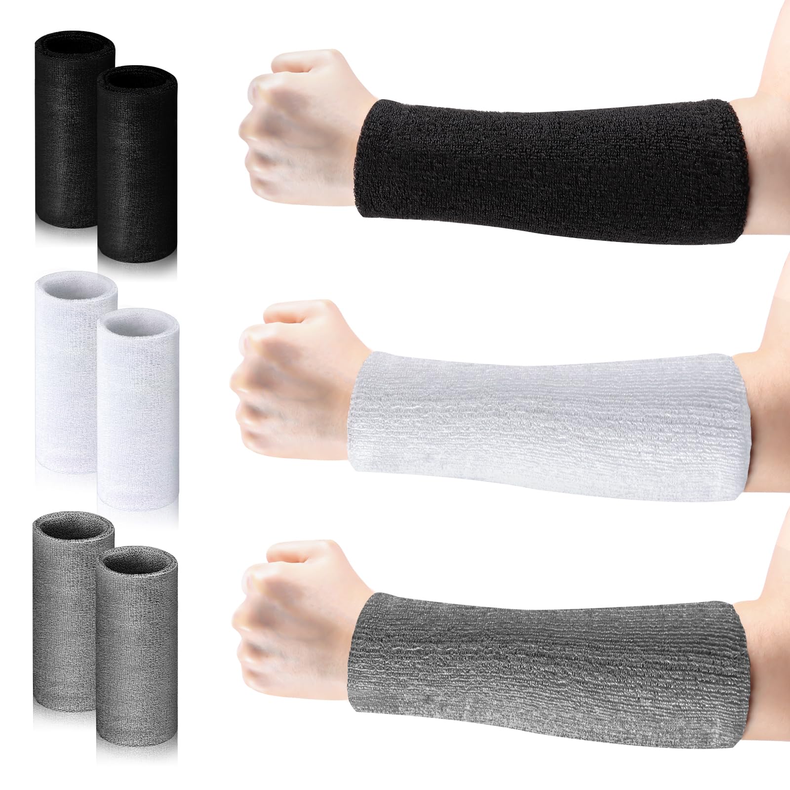 6 Pcs 9 Inch Long Wrist Bands Sports Black Wrist Sweatbands Grey Sweat Bands White Arm Sweat Bands Large Wrist Sweatbands Tennis Wristbands for Men Women Workout Football (Black,White,Grey, 6)