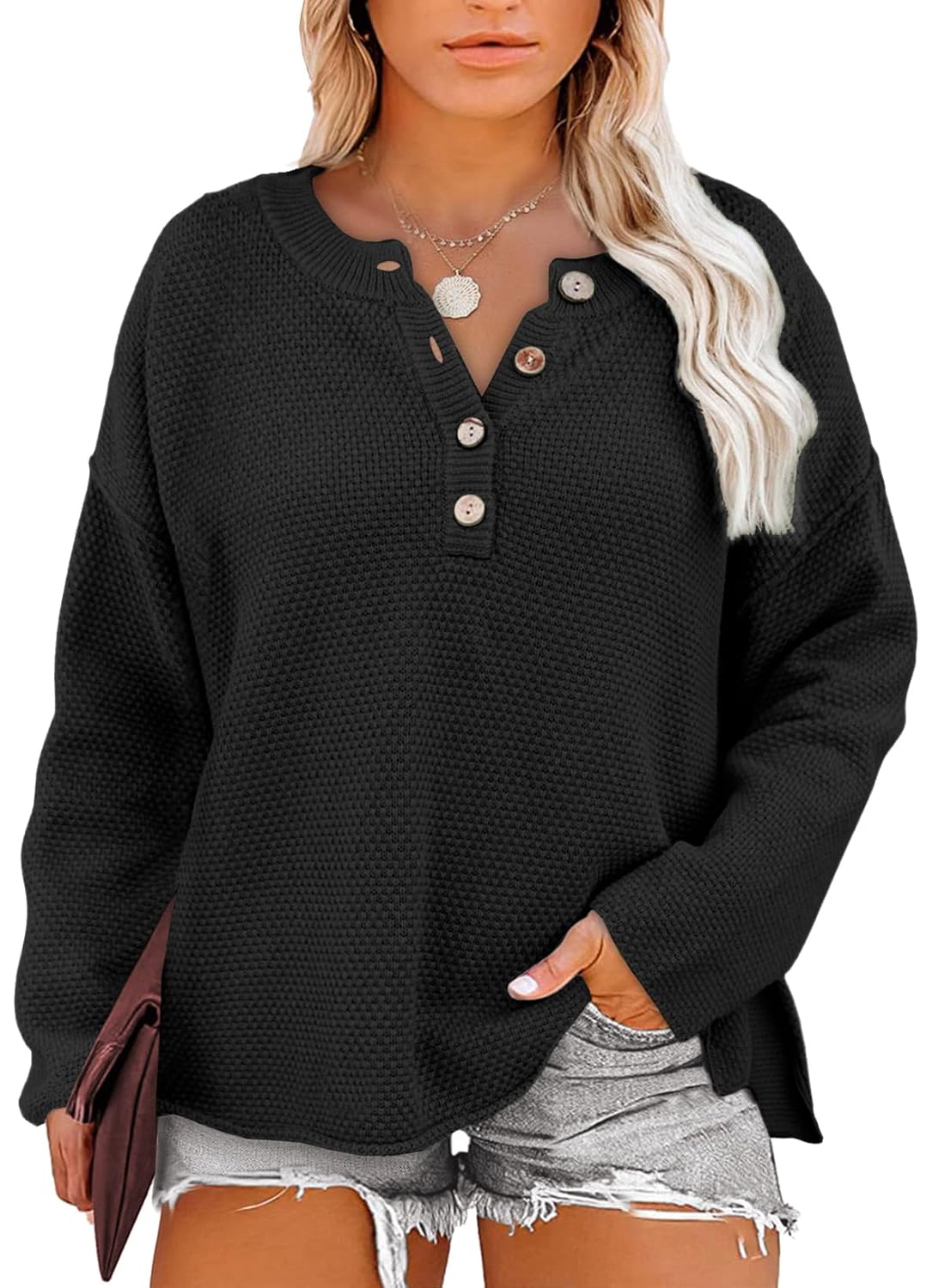 Womens Plus Size Sweaters Tops Long Sleeve V Neck Button Henley Tops Loose Casual Pullover Knit Shirts