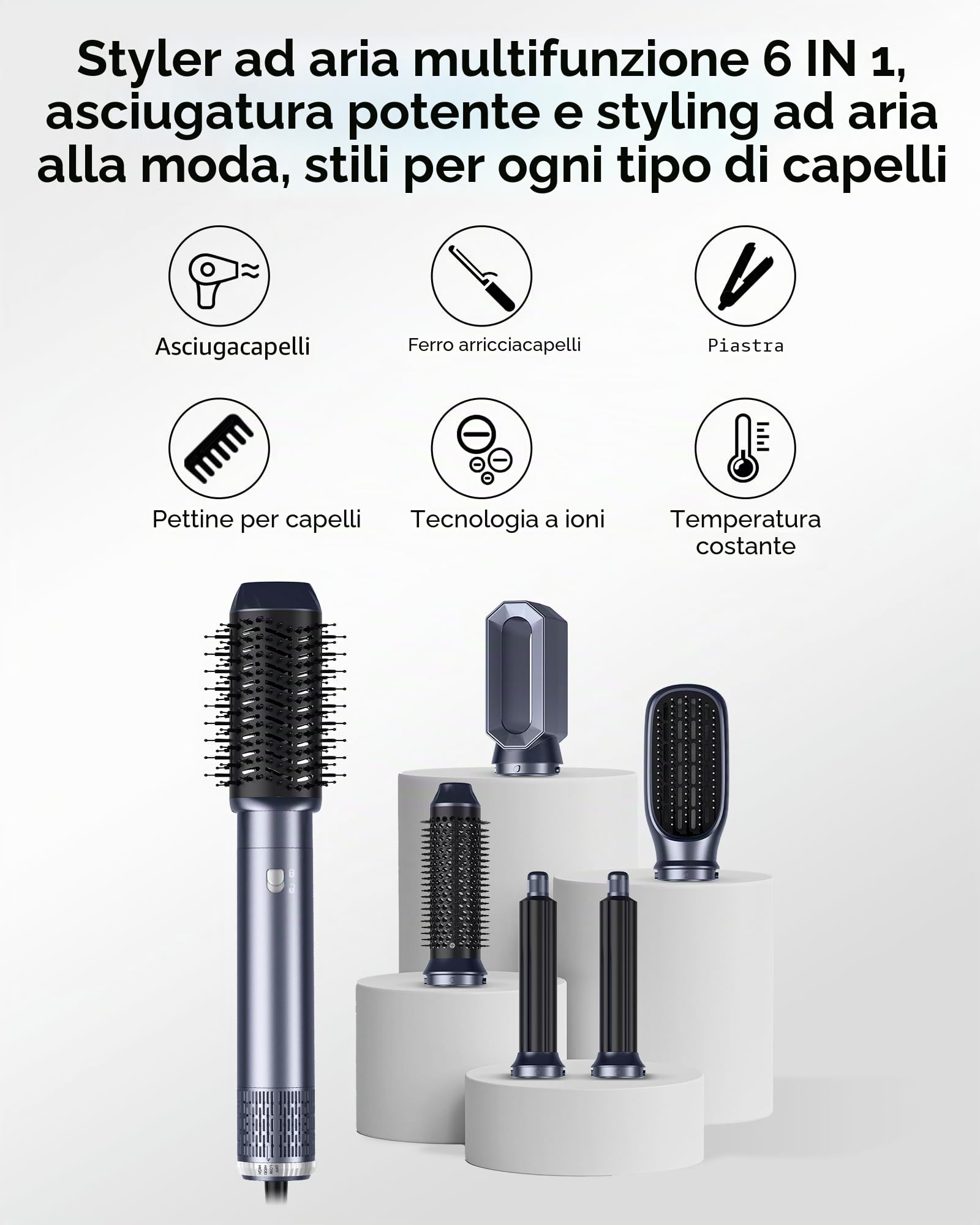 6 in 1 Air Styler & Spazzola Asciugacapelli Spazzola Asciugacapelli Multifunzione 6 IN 1 Asciugacapelli Air Styler Con Spazzola Lisciante Ferro Arricciacapelli ad aria Calda, Styling