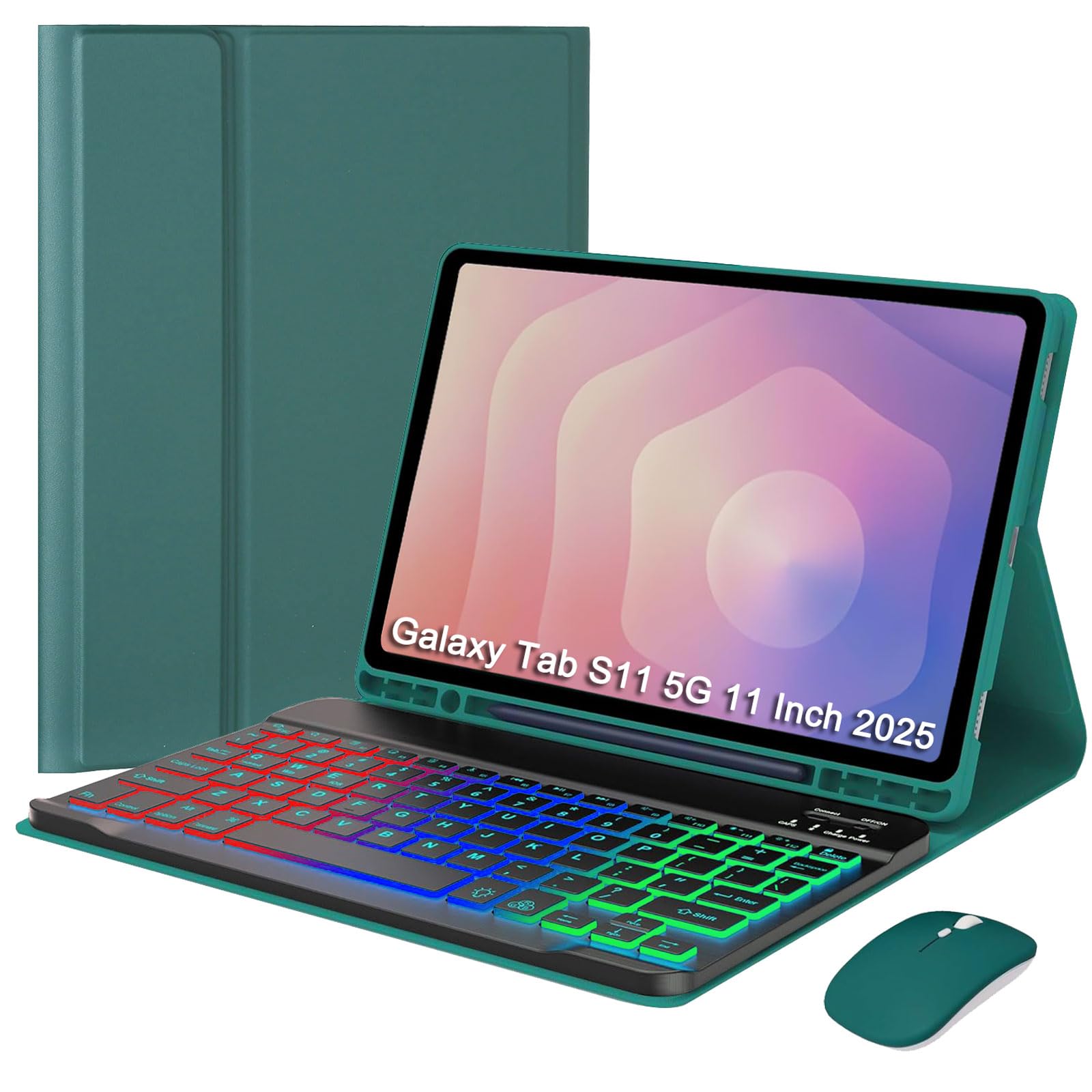 – Keyboard Case for Samsung Galaxy Tab S11 11-Inch 2025, 7-Color RGB Backlit Detachable Wireless Keyboard & Mouse Combo – Protective Folio Cover with Pen Holder (SM-X730/SM-X736B) (Green)