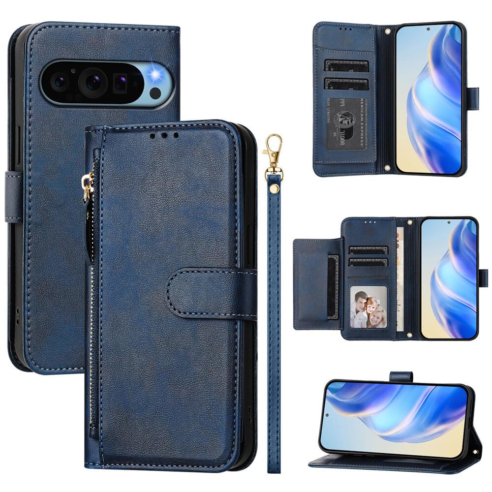 Coque Pixel 8A portefeuille cuir bleu anti chute avec sangle - 7