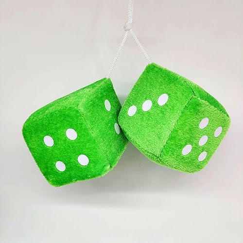 Miniatura 4 de Dados de felpa mullidos para espejo de automóvil, 1 par de dados cuadrados retro de 3 pulgadas verdes con puntos negros para decoración interior del