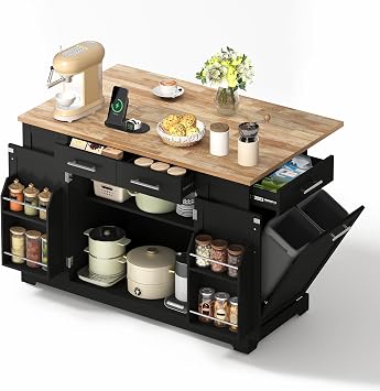 BTM Kitchen Island On Wheels with Pull-Out Trash Bin Cabinet, Black