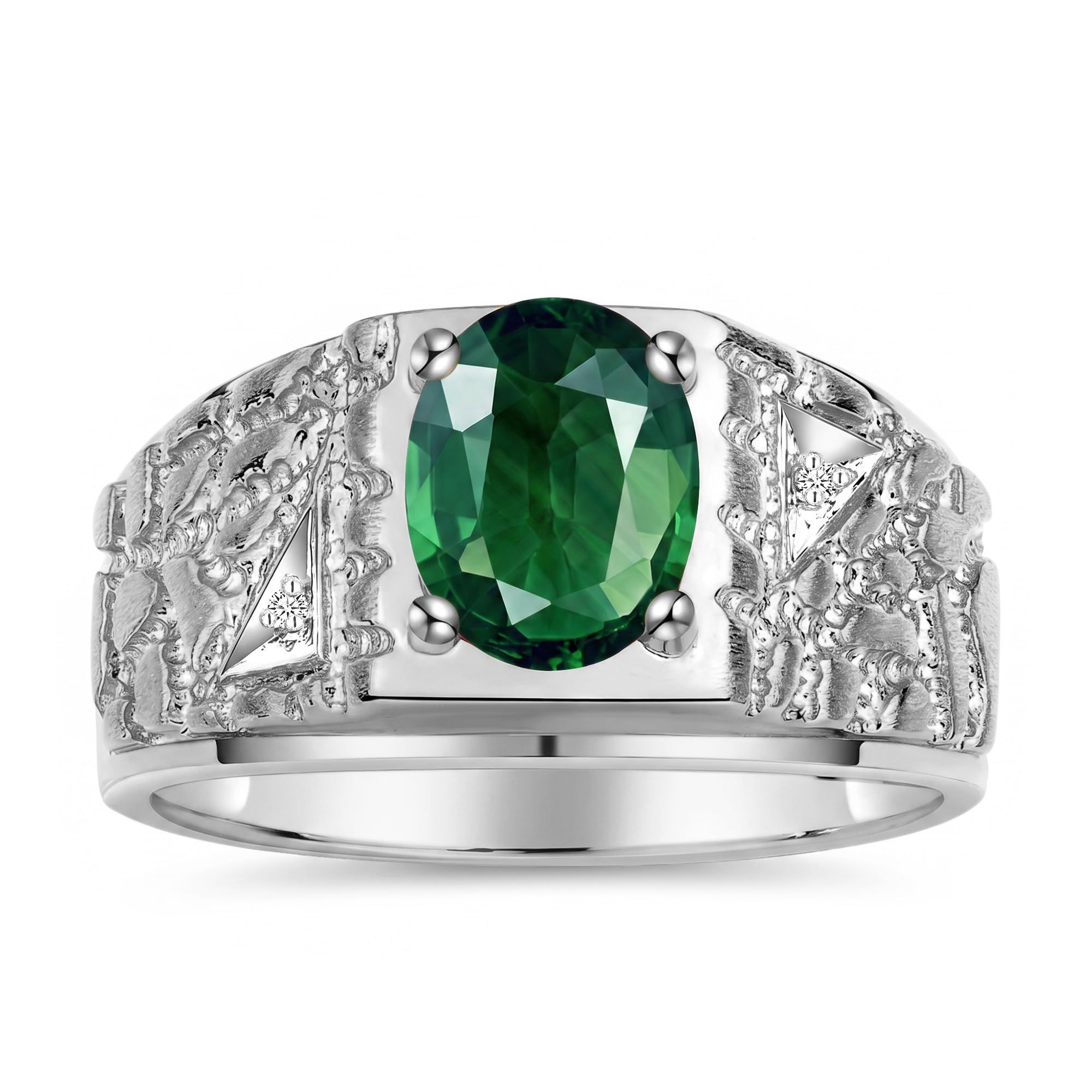 Rylos Men's Rings Designer Nugget Ring: Oval 9X7MM Gemstone &amp; Sparkling Diamonds - Color Stone Birthstone Rings for Men, Sterling Silver Rings in Sizes 8-13. Mens Jewelry