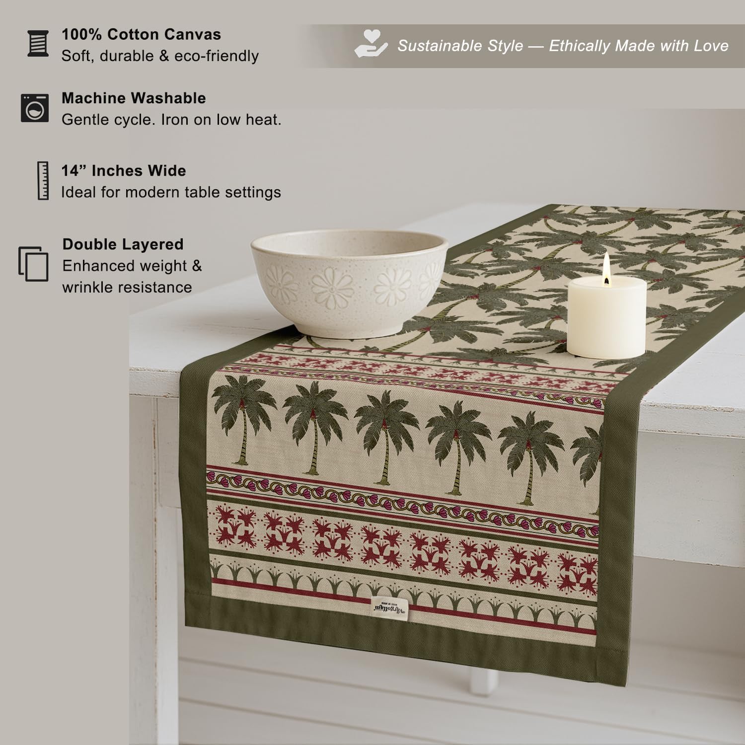 100% Cotton Table Runner - Double Layered with Side Borders - Table Linen - Tree Print for Dining, Console & Coffee Tables