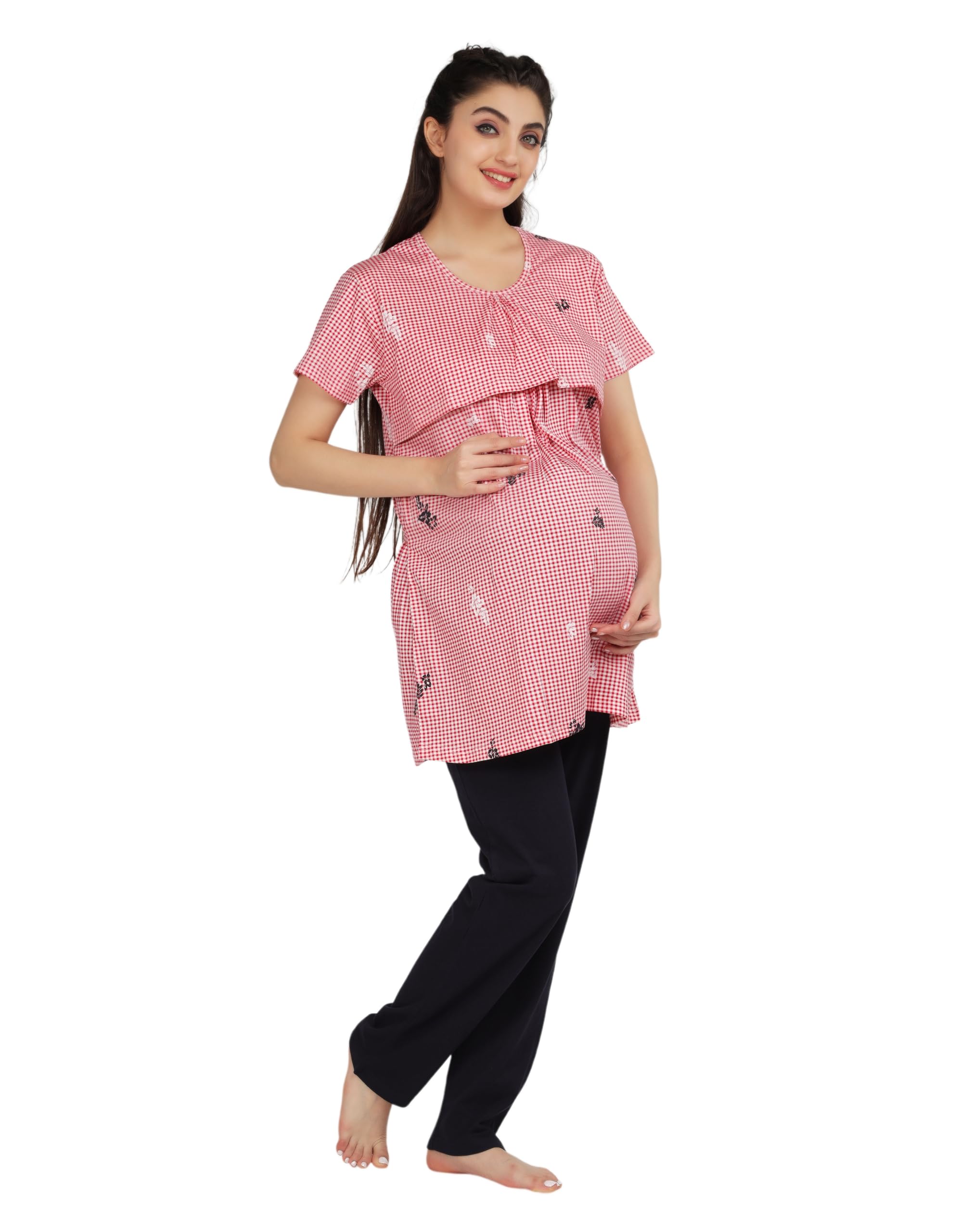 Cotton Maternity & Feeding Nightwear Set for Women | 2-Piece Lounge Wear with Front Zipper | Soft Breathable Nursing Wear-image-30