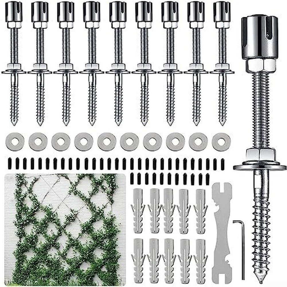 Sistema de cuerda de alambre de acero inoxidable para guiar y apoyar plantas trepadoras como lúpulo, uvas y guisantes dulces en estructuras de jardín residenciales (juego de 10 + 52 pies)