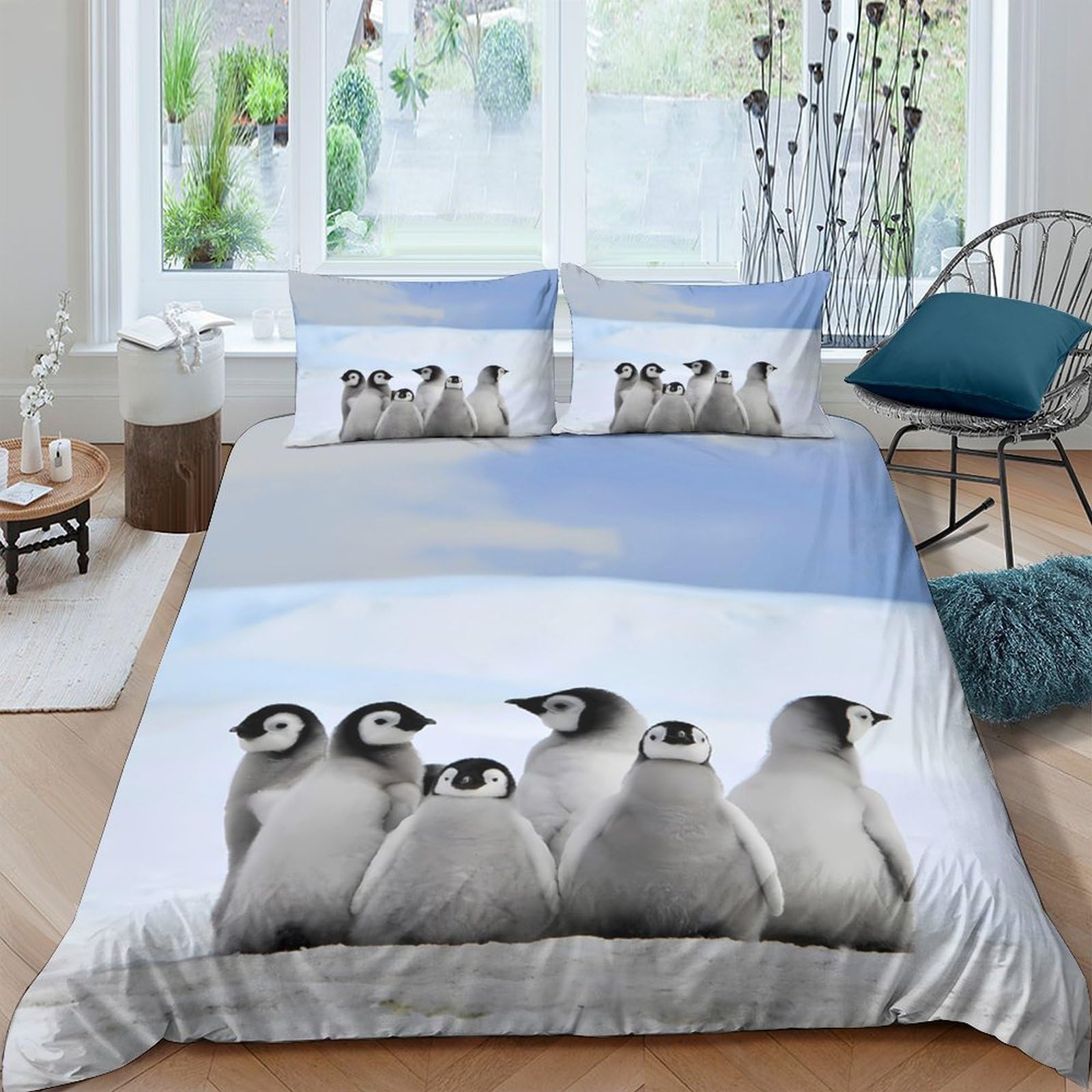 Ensemble de lit pingouin 3D, housse de couette microfibre 260x220 respirante adulte et ado