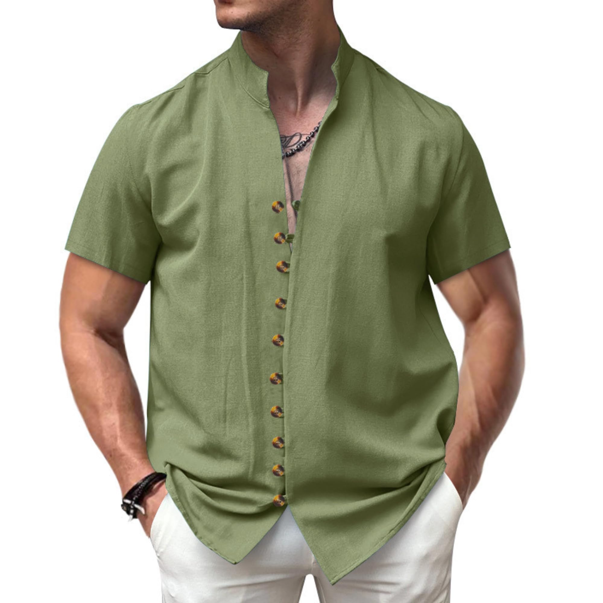 DMOYALA Men's Button Down Linen Shirts Summer Casual Short Sleeve Hawaiian Shirts Beach Vacation Cotton Shirts